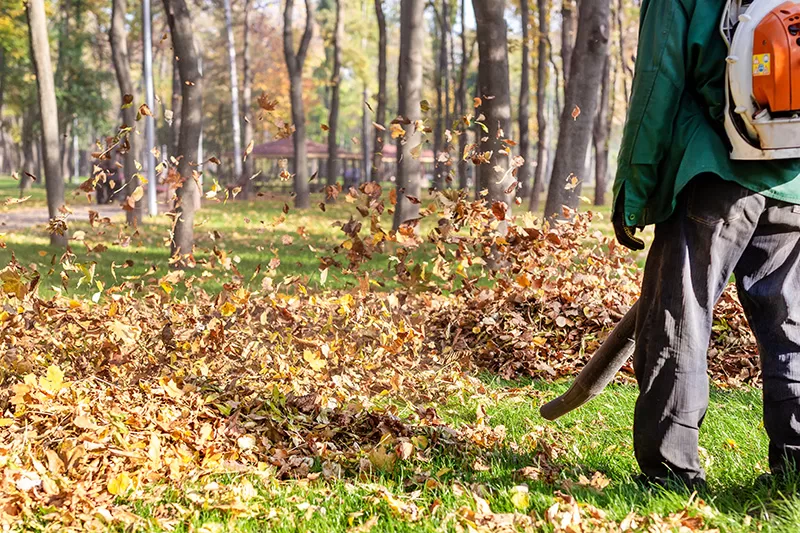 man blowing leaves with gas-powered leaf blower